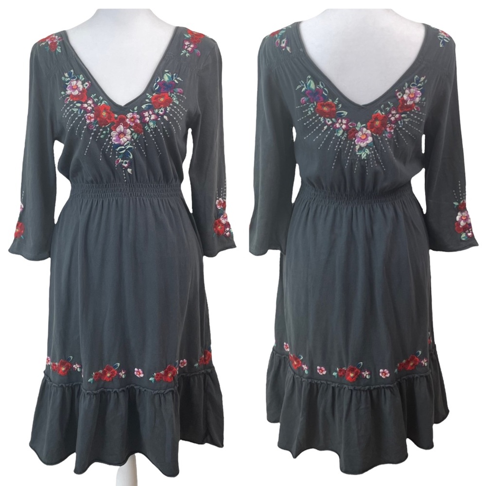 Johnny Was JWLA Gray Cotton Embroidered Boho Peasant Dress Size Small